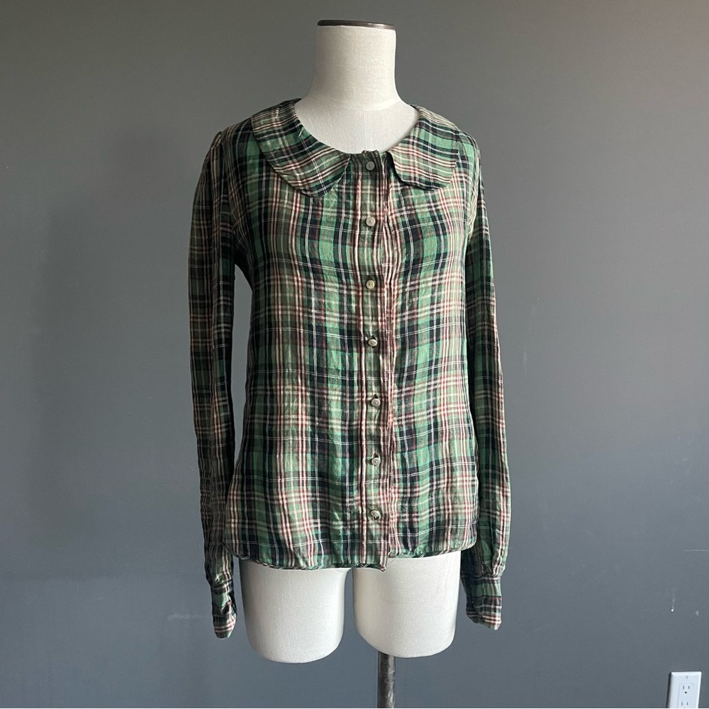 Vintage Green Plaid Peter Pan Collar Blouse Romantic Cottagecore Top Twee Indie
